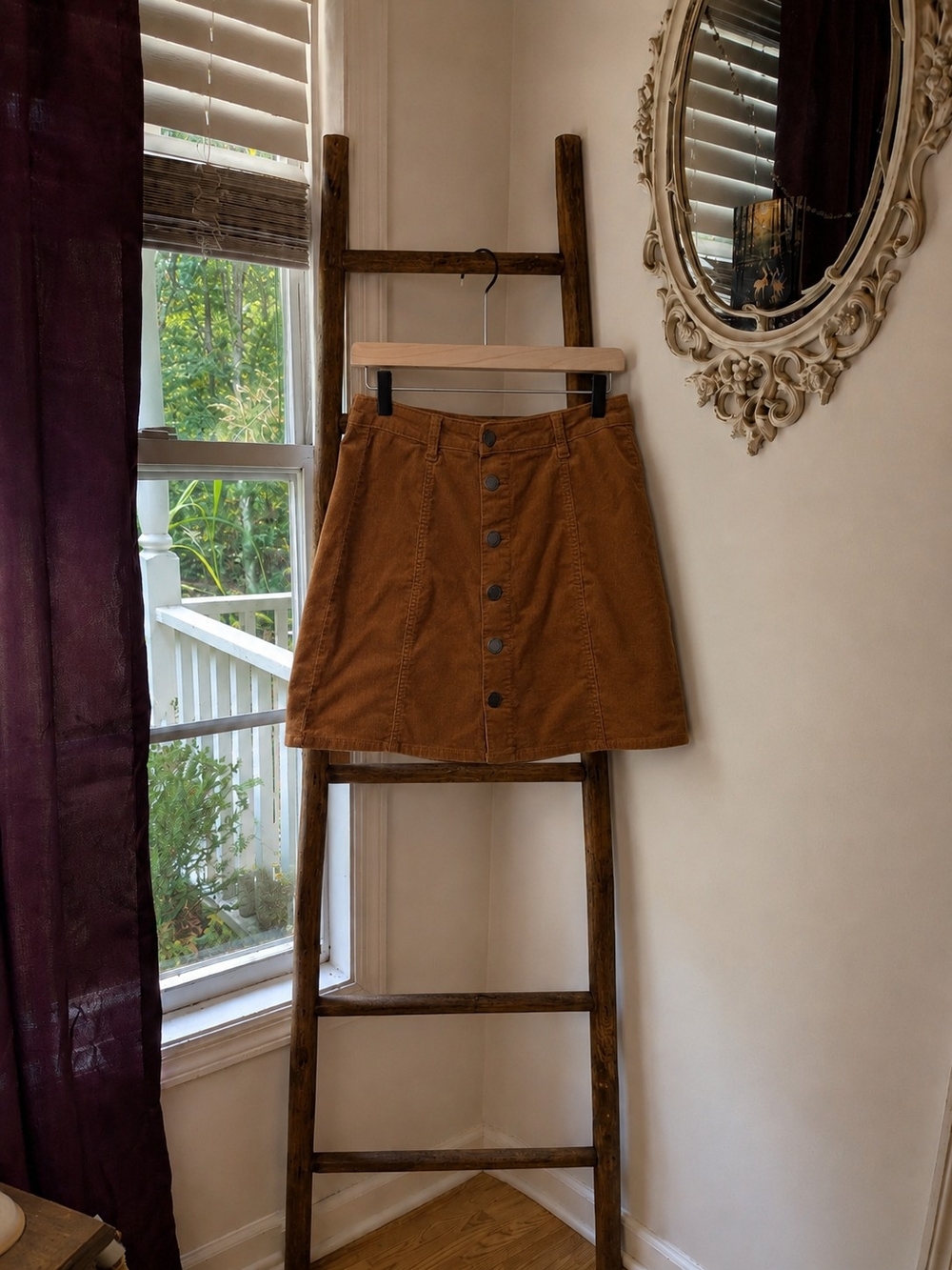 Button Front Corduroy Mini Skirt Camel Brown